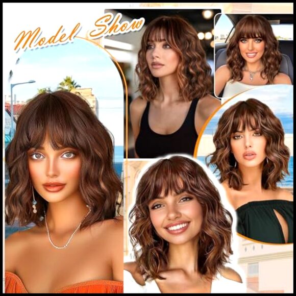 Synthetic Bob Wig with Bangs Curly Wavy Shoulder Length for Cosplay Daily Use main image 7
